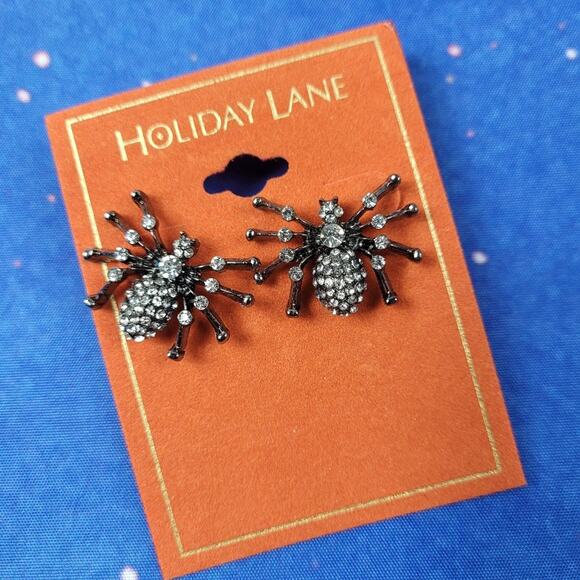 NWT Elegant Crystal Spider Post Back Earrings Macy's Charter Club Halloween - Picture 2 of 4